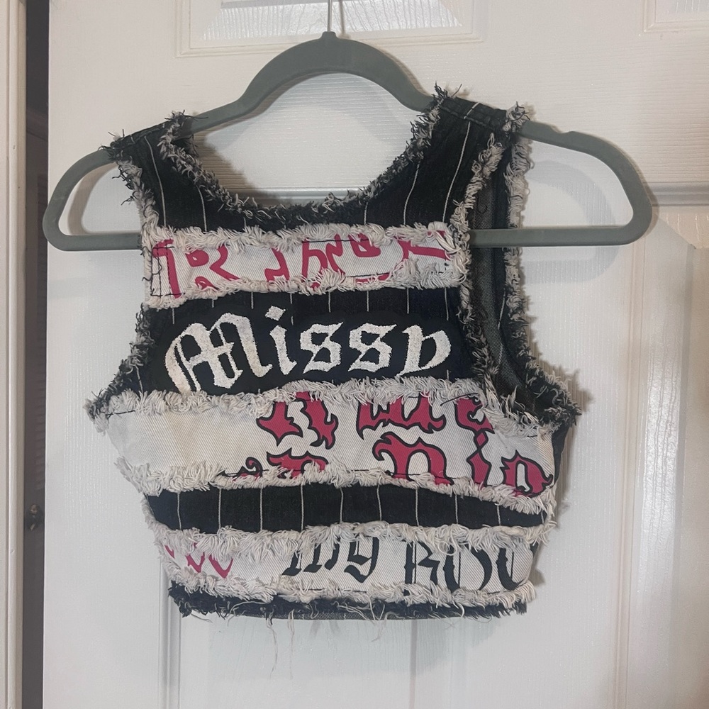 Jaded London Denim Distressed Graphic Lettering Cropped Tank Top